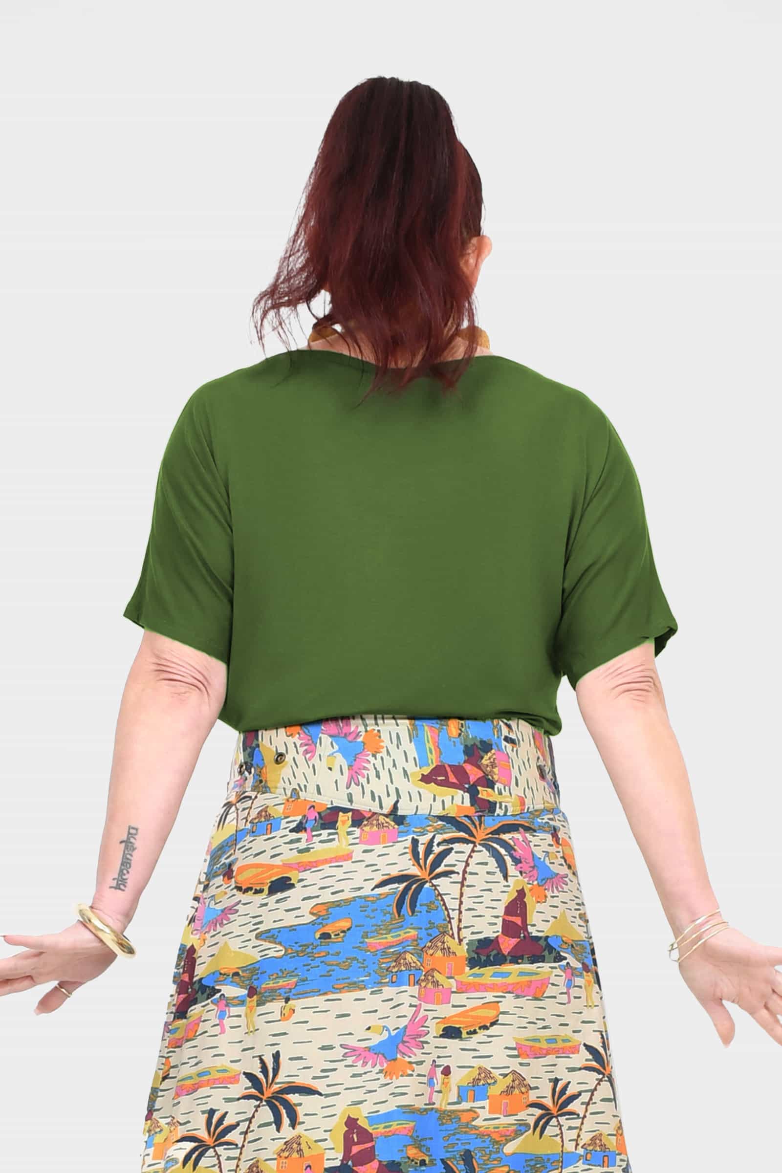 Olive green short-sleeve top from back, draped neckline and relaxed shoulders