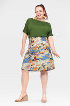 Reversible A-line skirt with cream tropical print and colorful leaves, front view