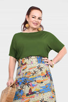 Olive green short-sleeve top with draped neckline, slightly gathered hem