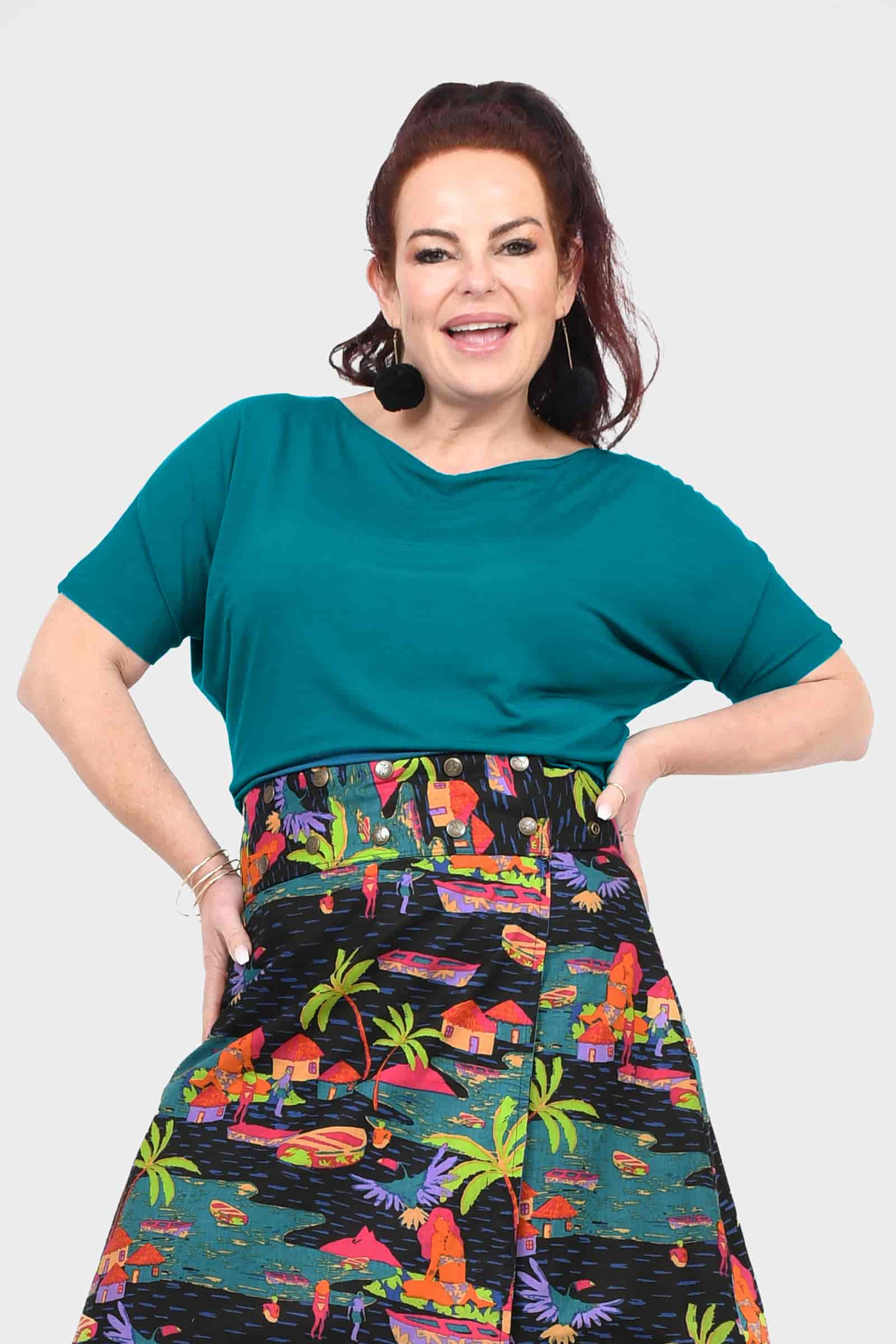 Teal short-sleeve top with wide crew neck and relaxed draped silhouette