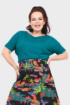 Teal short-sleeve top with wide crew neck and relaxed draped silhouette