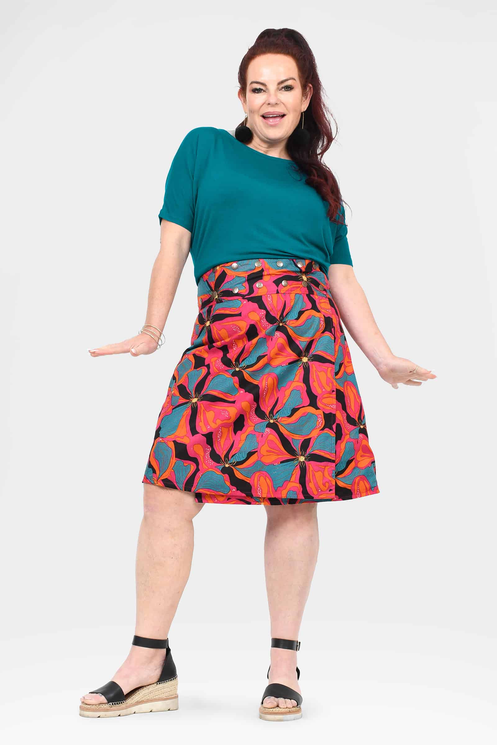 Multicolor abstract floral A-line skirt with dark trim waistband