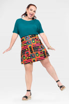 Colorful graphic short skirt with flared hem and patterned design