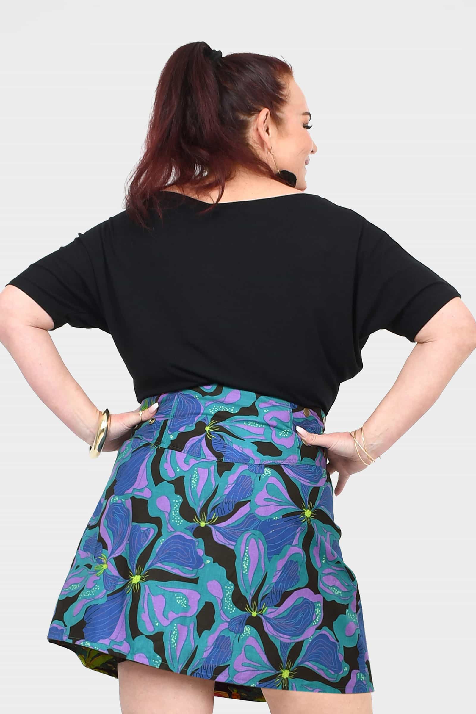 Black short-sleeve top, back view, loose fit with wide neckline opening
