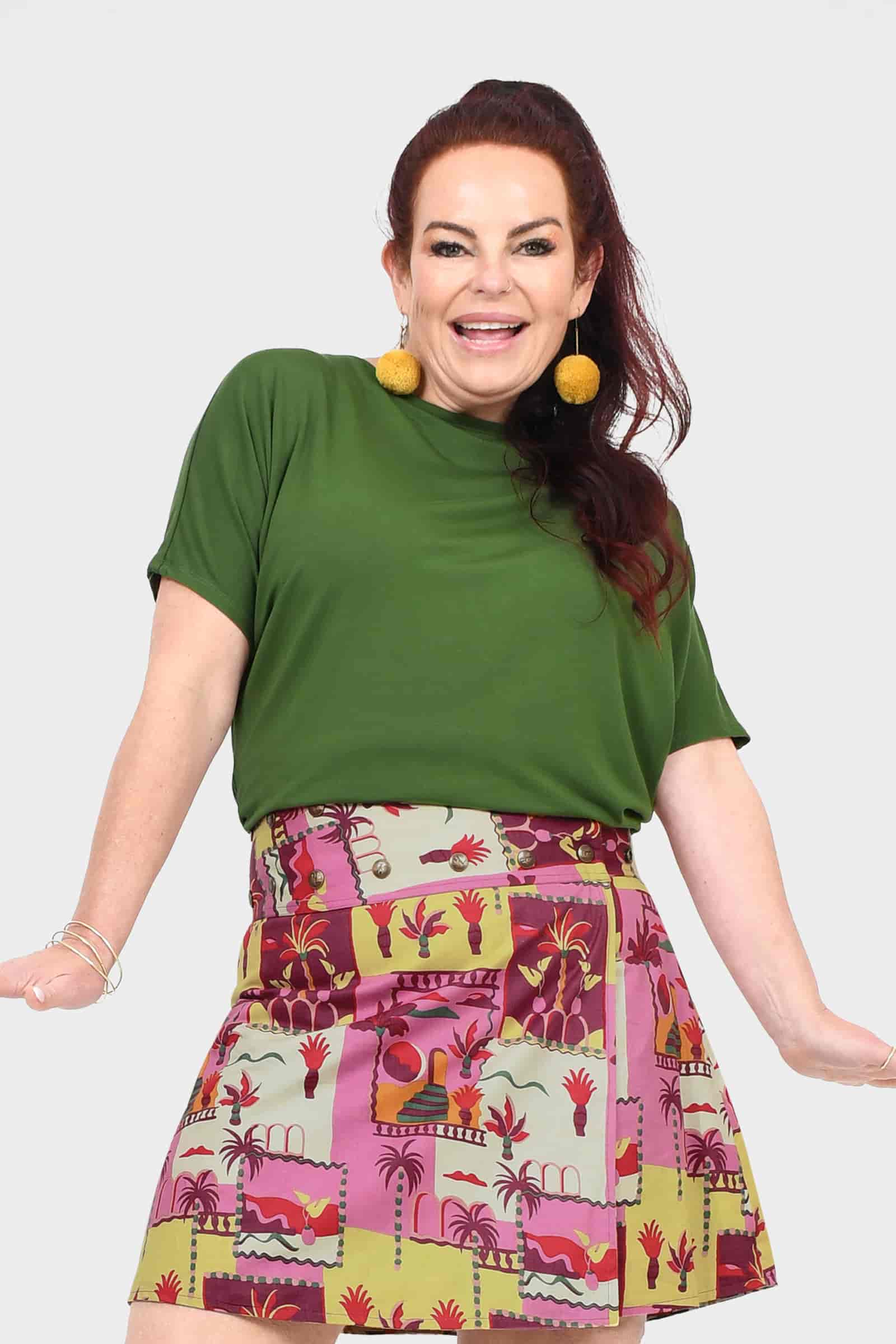Olive short-sleeve top with high crew neckline