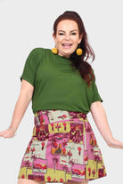 Olive short-sleeve top with high crew neckline
