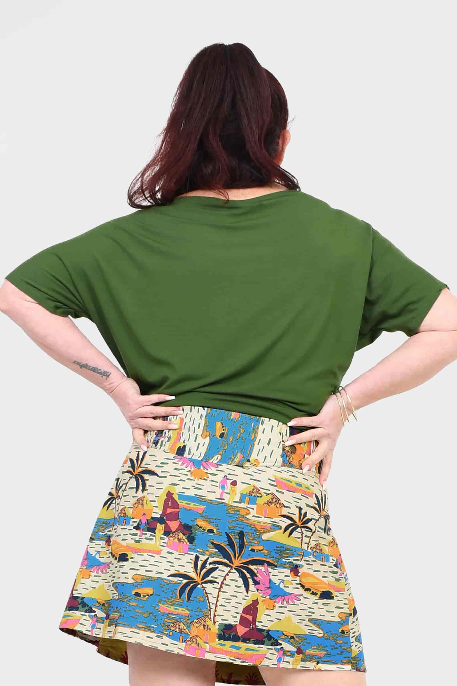 Olive short-sleeve top from back with high crew neckline