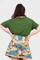 Olive short-sleeve top from back with high crew neckline