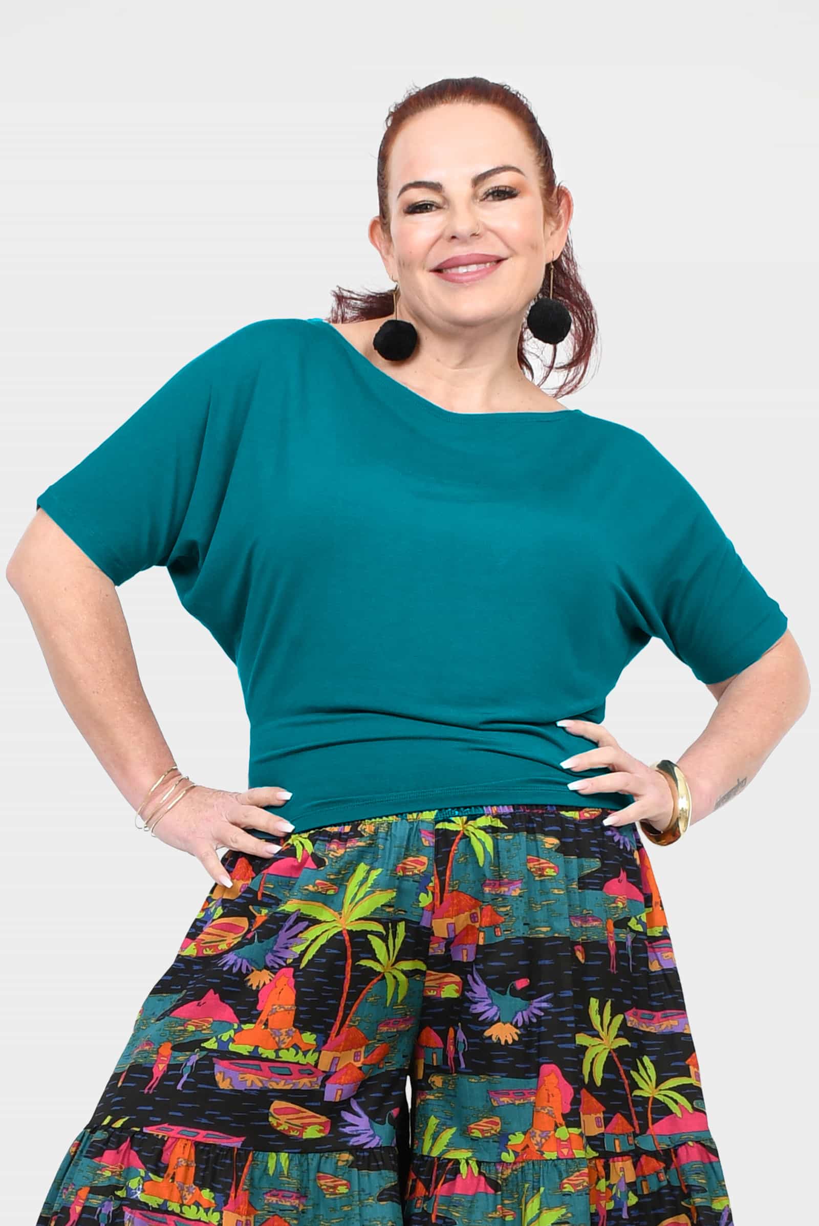 Dark teal short-sleeve top with round neckline, gathered waist seam detail