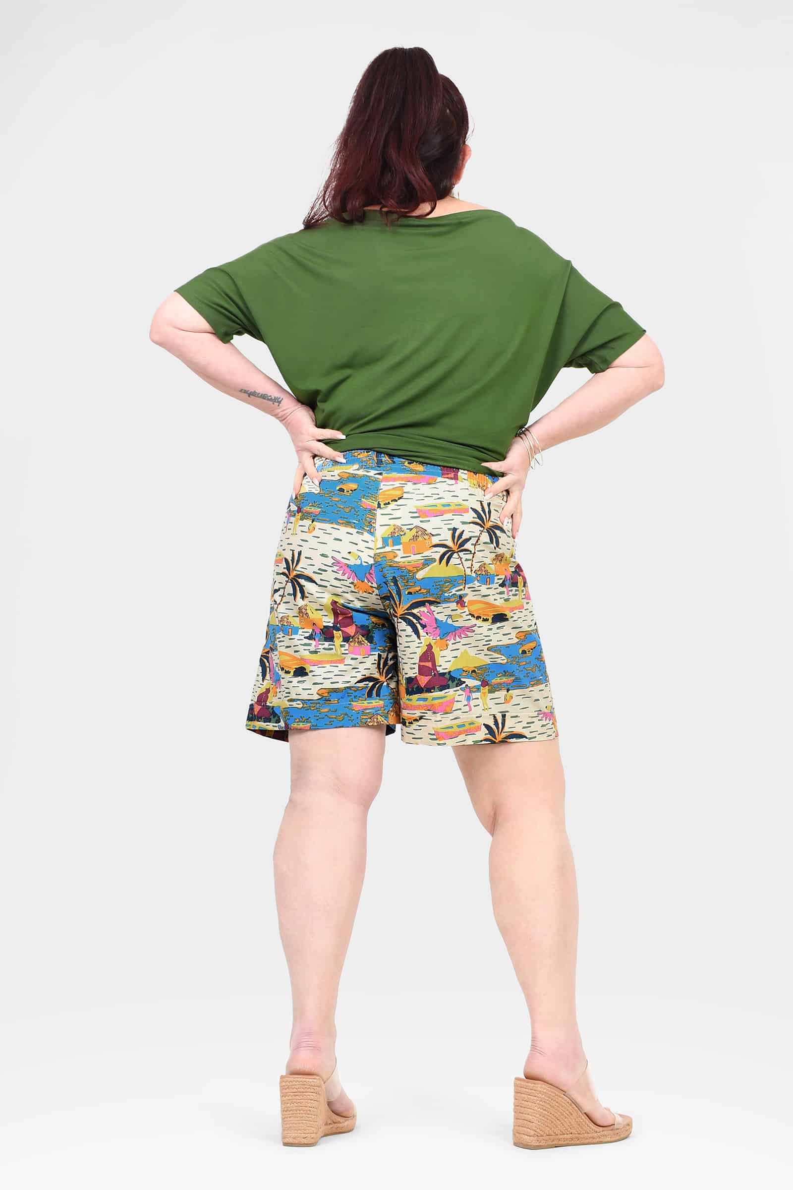 Women’s tropical print shorts with elastic waistband, back view
