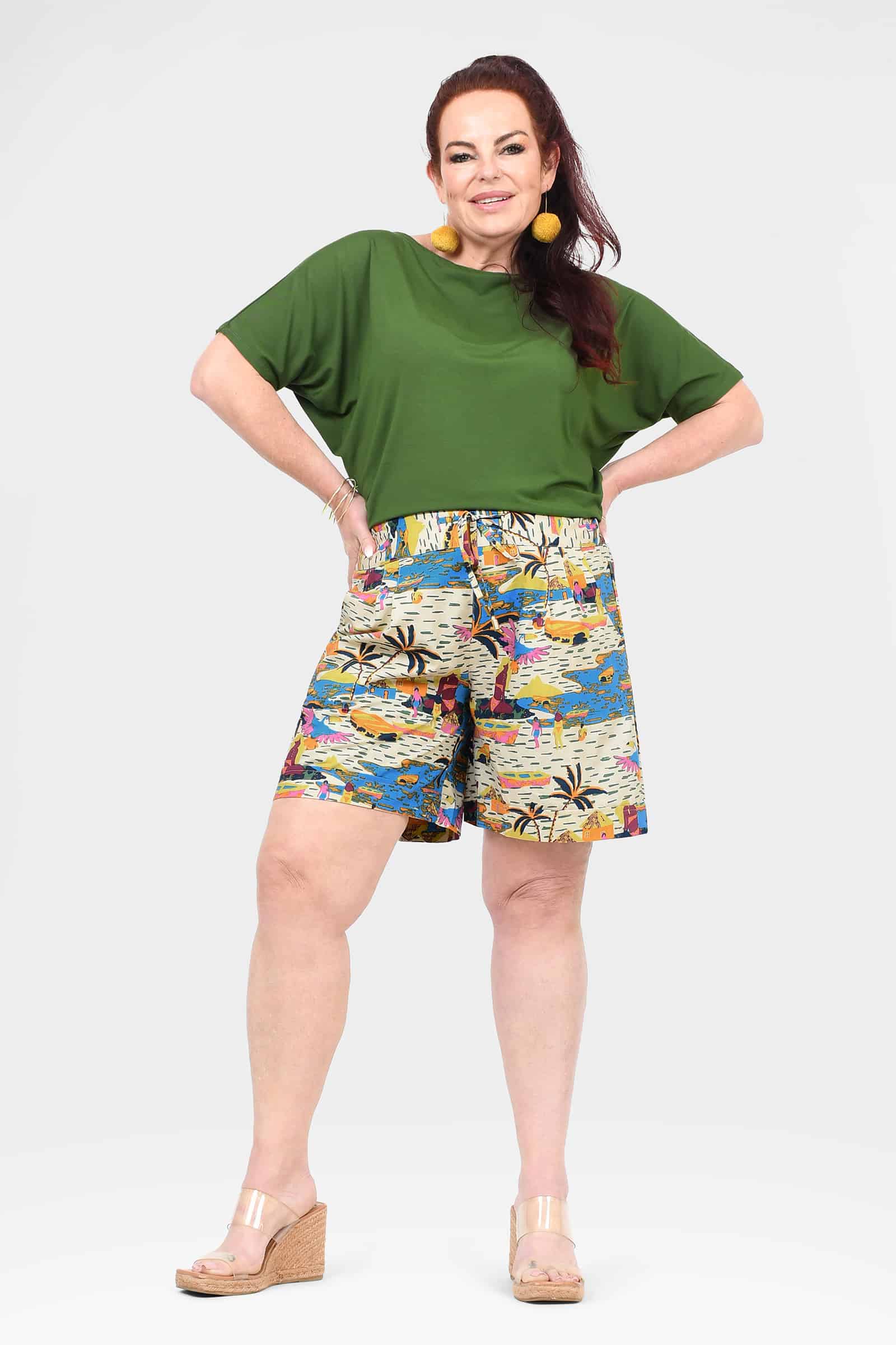 Women’s tropical print shorts with elastic waistband, colorful mid-thigh length