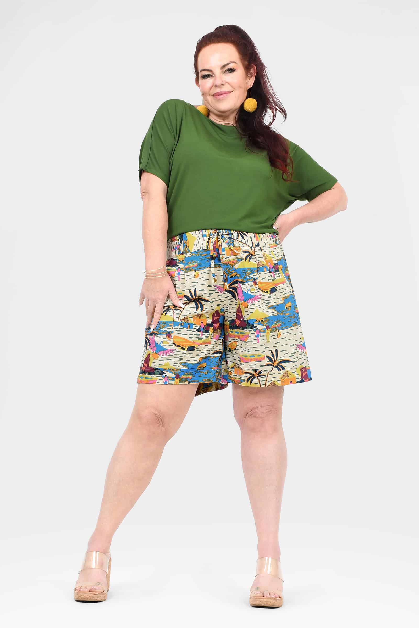 Women’s tropical print shorts with elastic waistband, front view
