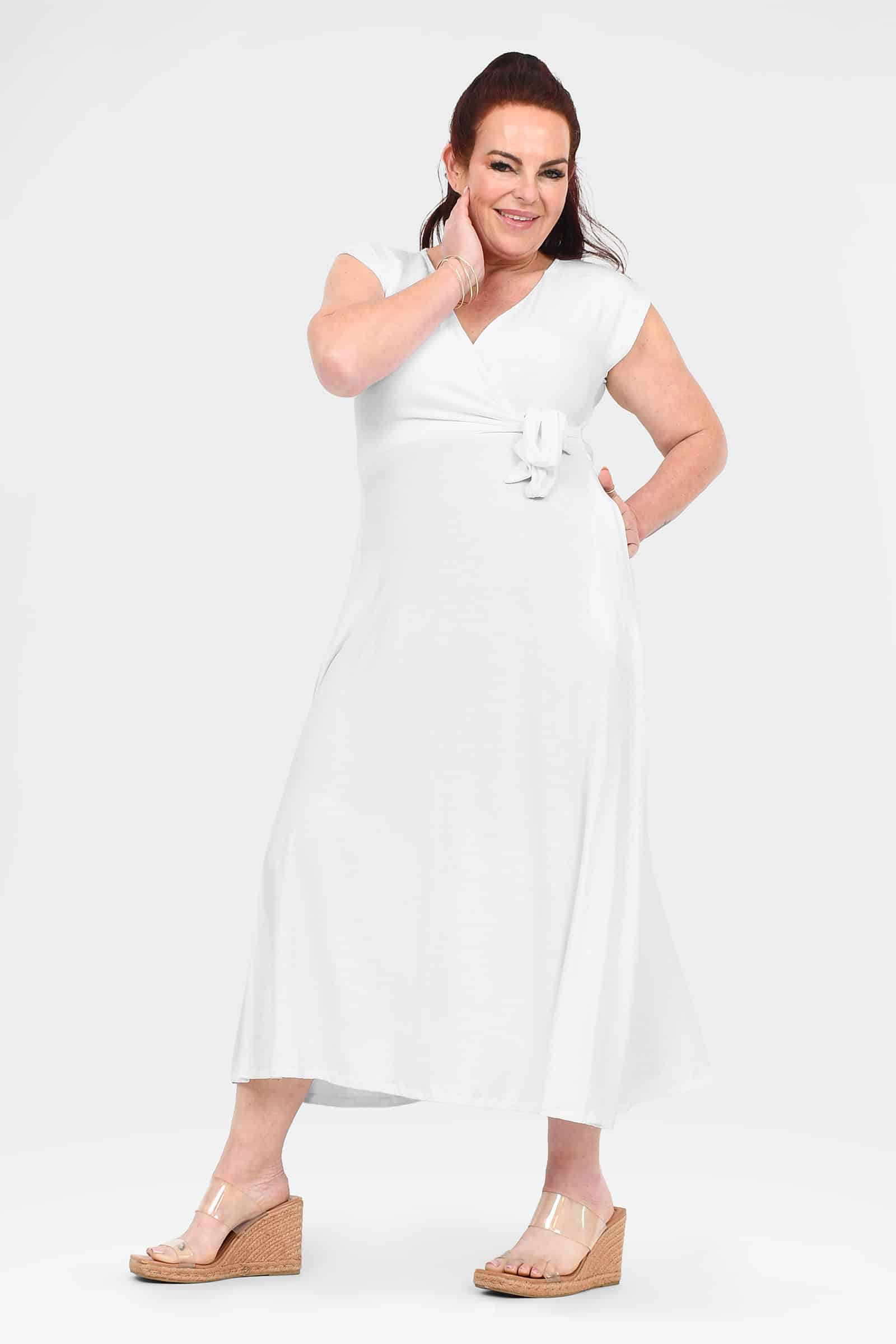 White V-neck midi dress with tied waist knot and short sleeves