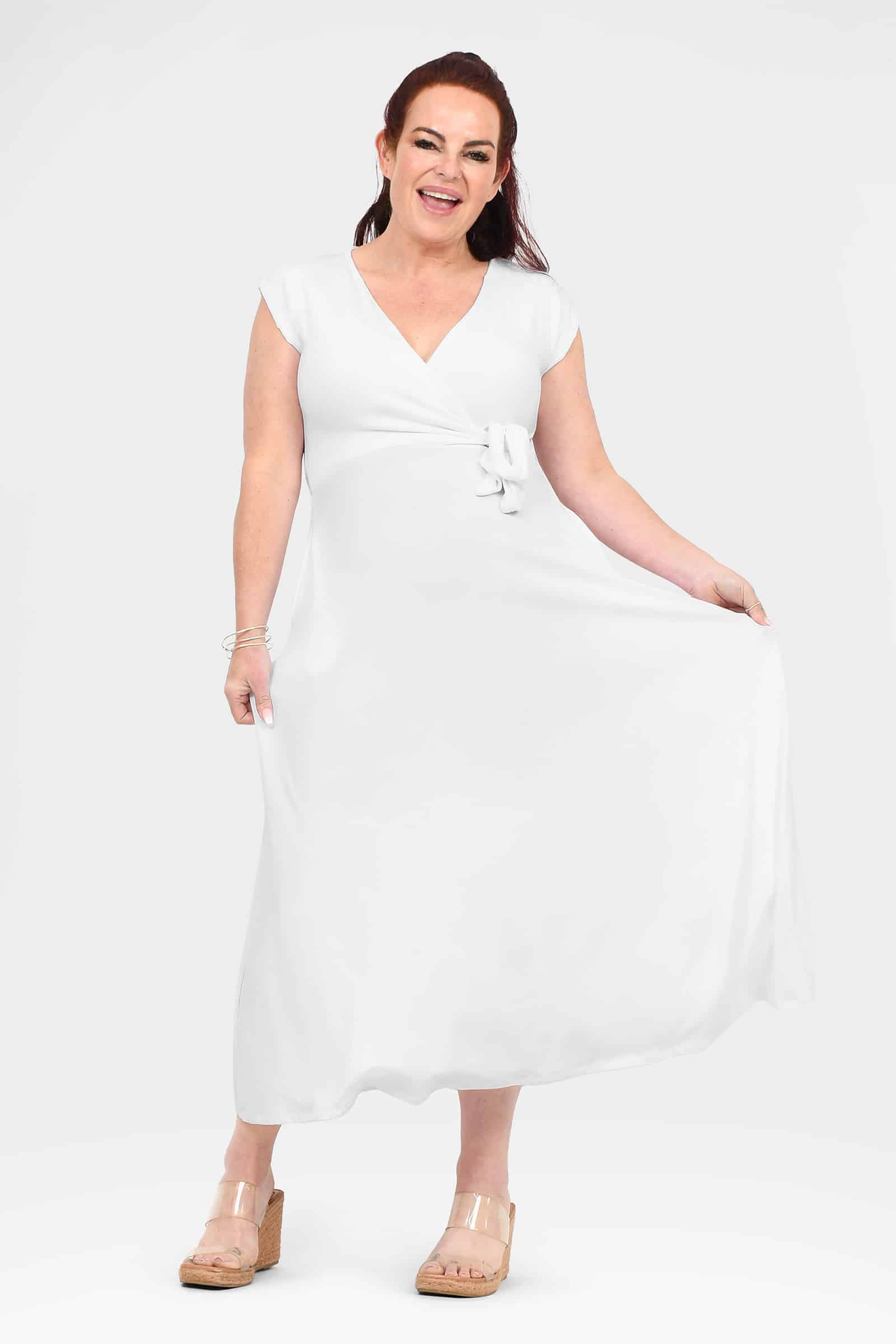 White V-neck midi dress with short sleeves and waist-tie ribbon detail