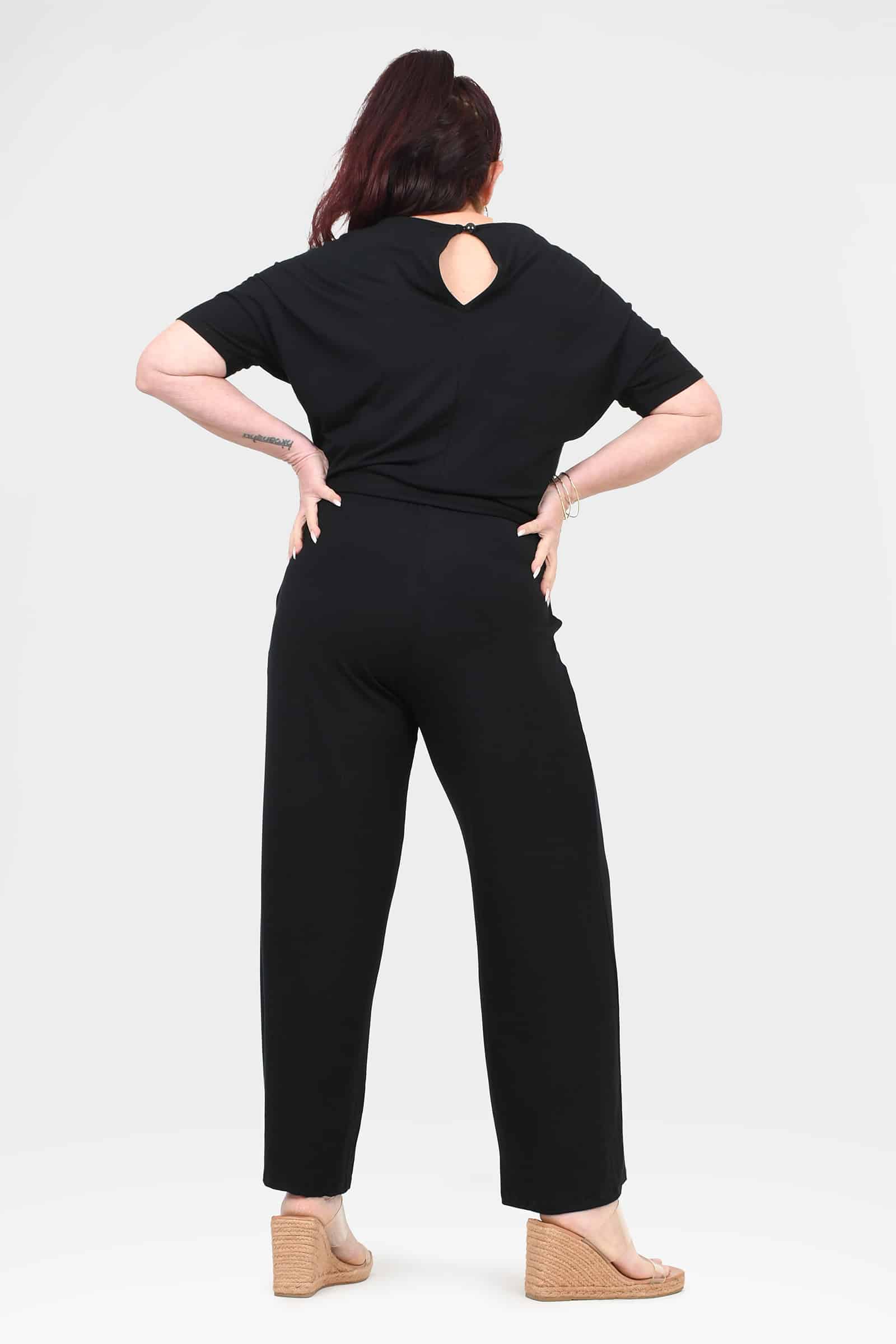 Black short-sleeve back jumpsuit with keyhole cutout, tie waist, wide legs