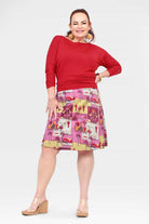 Reversible A-line skirt with pink tropical print, full front view with hemline