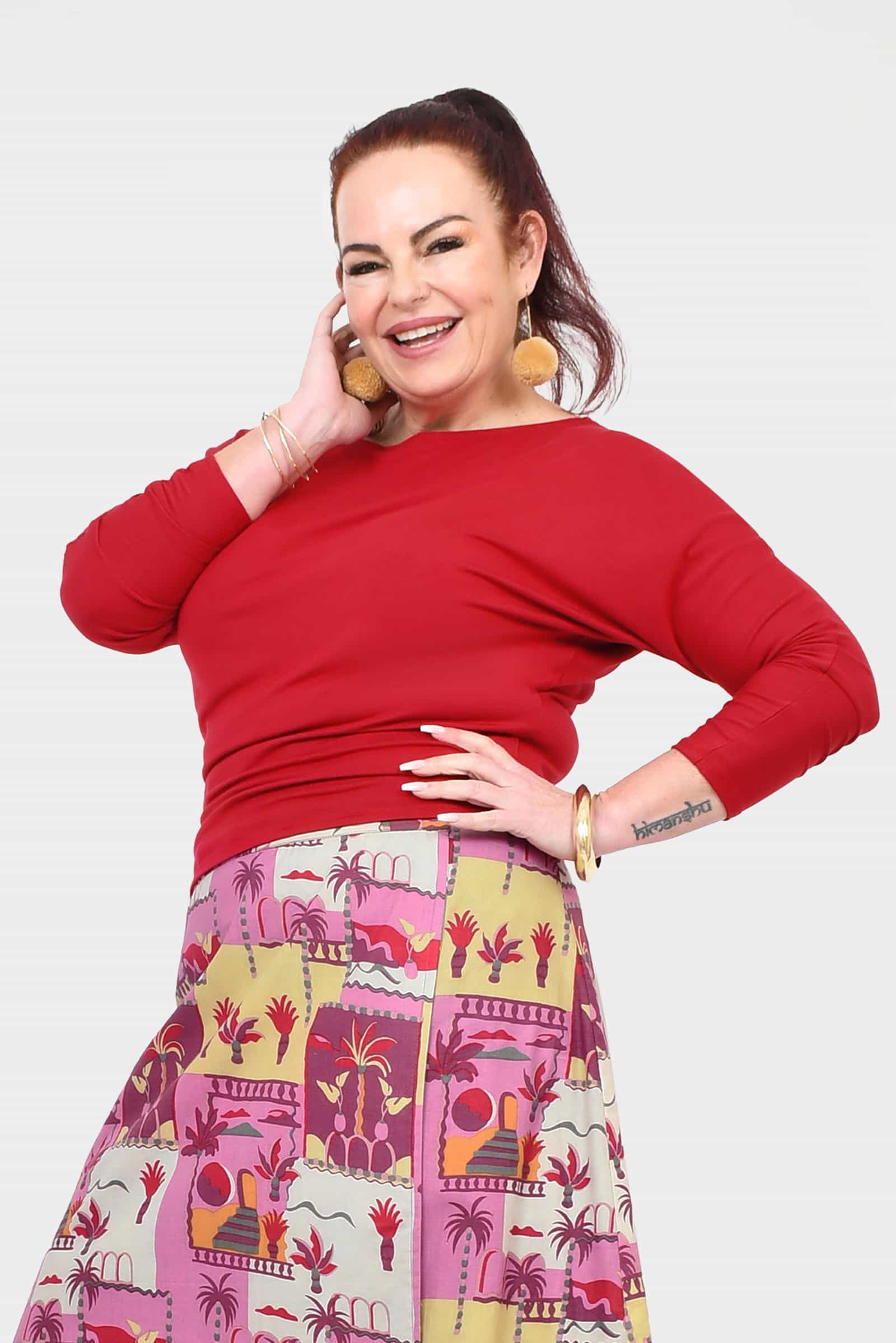 Mika dark red long-sleeve crew-neck top with gathered front