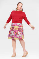 Women's mid-length A-line skirt, pink and multicolor print with elastic waistband