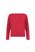 Dark red long-sleeve top with wide round neckline