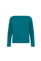 Dark teal long-sleeve top with wide neckline