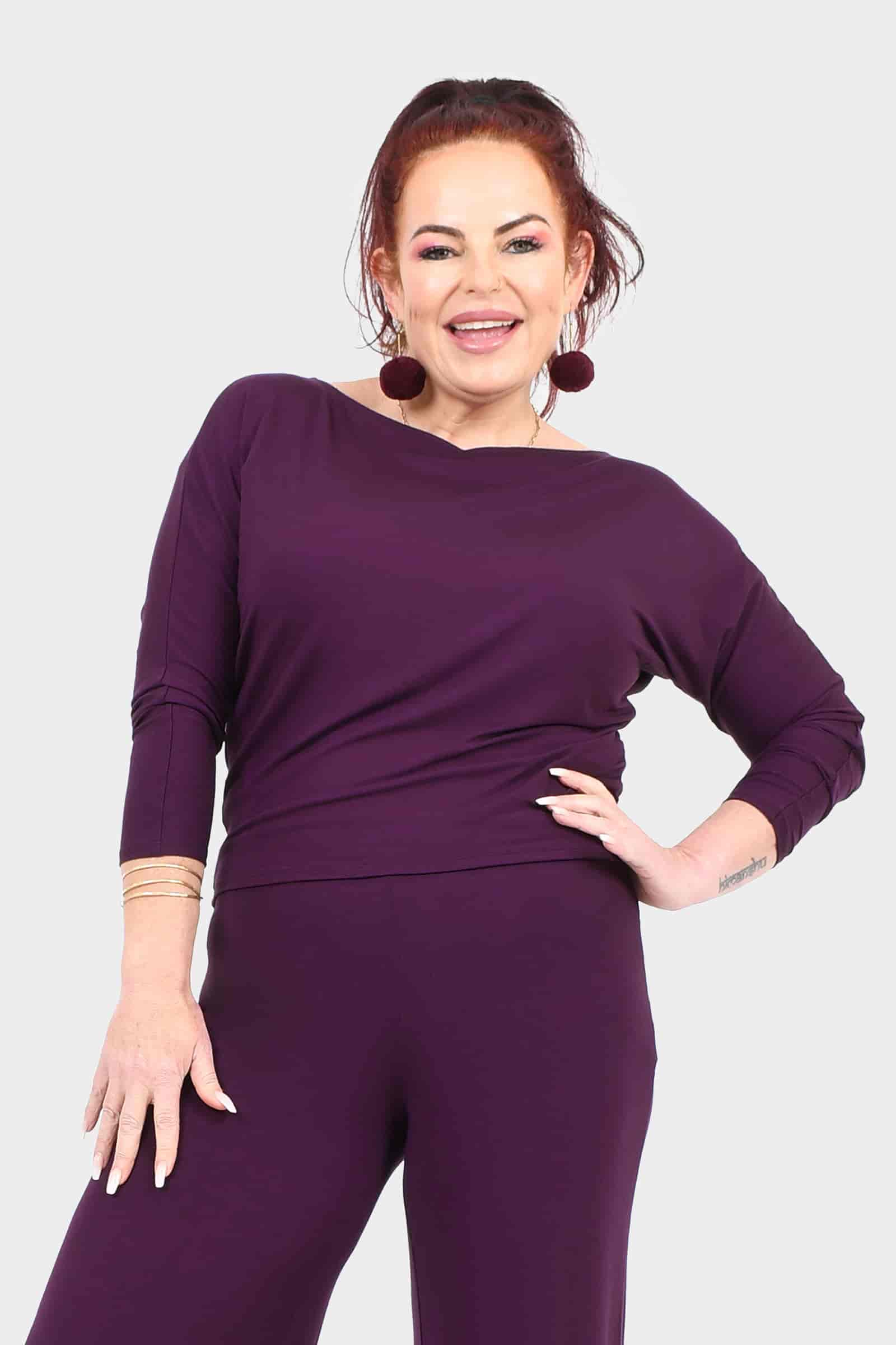 Aubergine long-sleeve top with wide round neckline and side drape