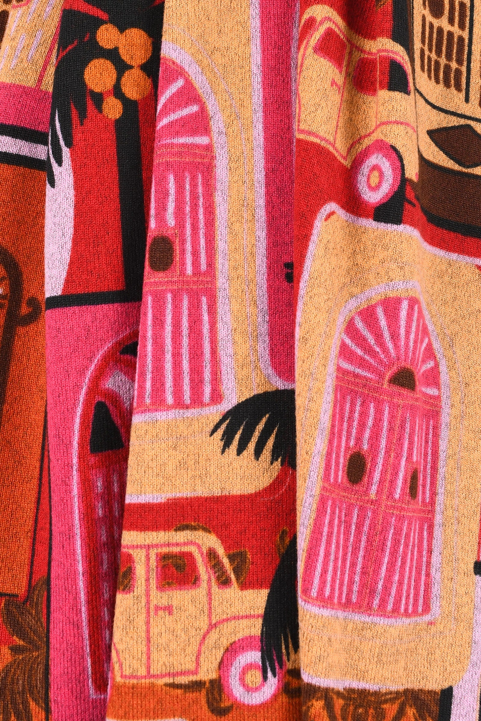 Colorful fabric with architectural and vehicle pattern