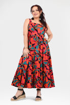 Womens sleeveless maxi dress with fitted waist and tiered skirt in vivid abstract floral print