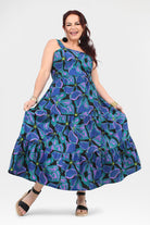 Teal-and-purple tiered ruffle maxi dress, sleeveless, abstract floral print