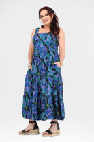 Teal-and-purple abstract-print sleeveless maxi dress with tiered ruffle skirt, scoop neck