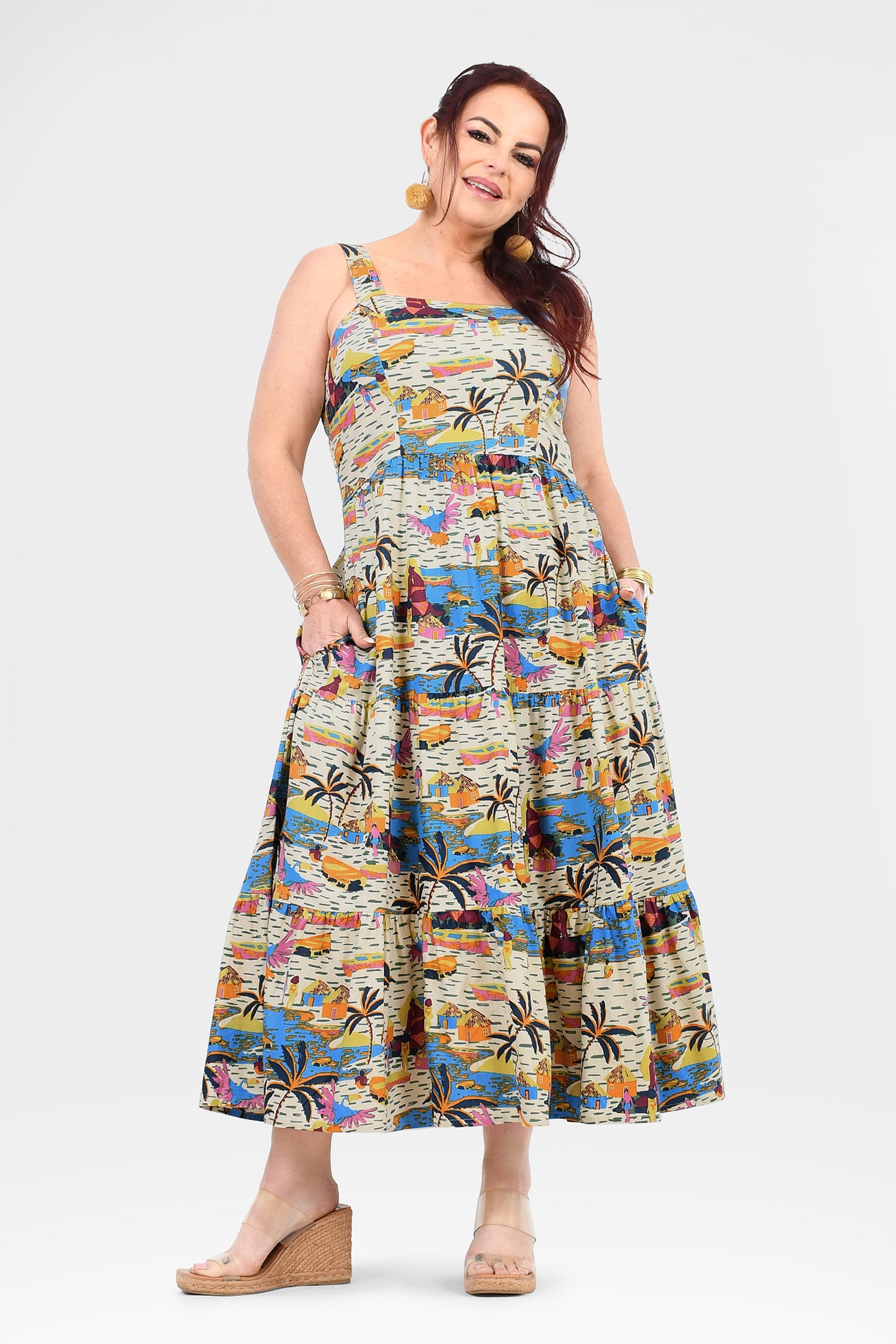 Multicolor tropical print sleeveless maxi dress with gathered waist and flared hem