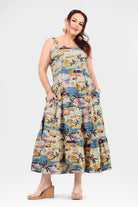 Multicolor tropical print sleeveless maxi dress with gathered waist and flared hem