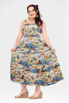 Multicolor tropical print sleeveless maxi dress with scoop neckline and wide flared skirt