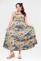Multicolor tropical print sleeveless maxi dress with flared skirt and gathered waist