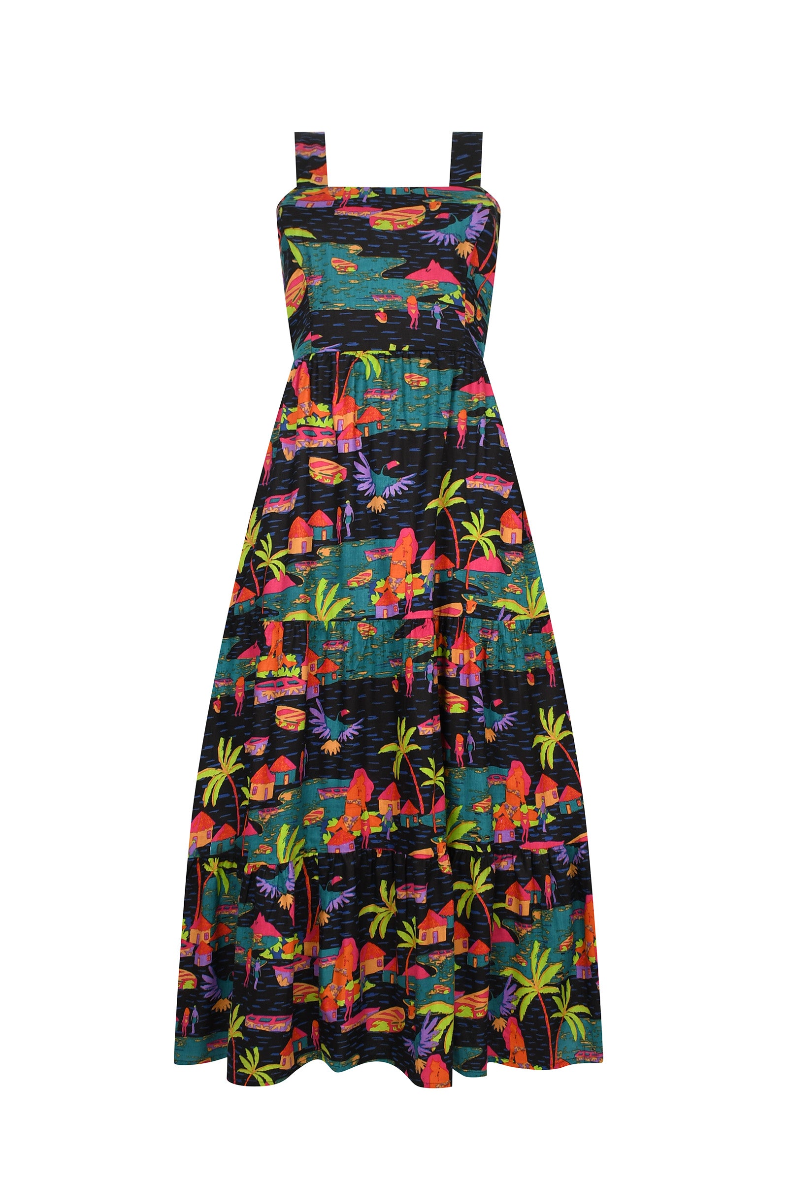 SCBM sleeveless maxi dress, dark tropical leaf print, gathered waist, tiered skirt