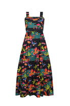 SCBM sleeveless maxi dress, dark tropical leaf print, gathered waist, tiered skirt