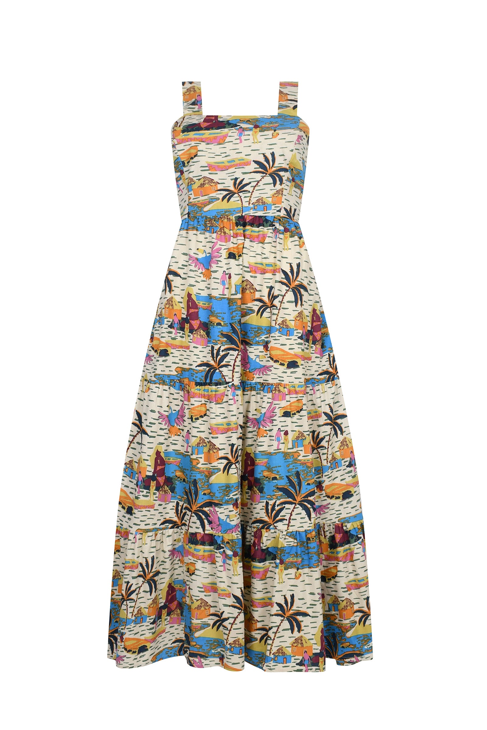 SCBM sleeveless maxi dress, white tropical city and leaf print, gathered waist, tiered skirt