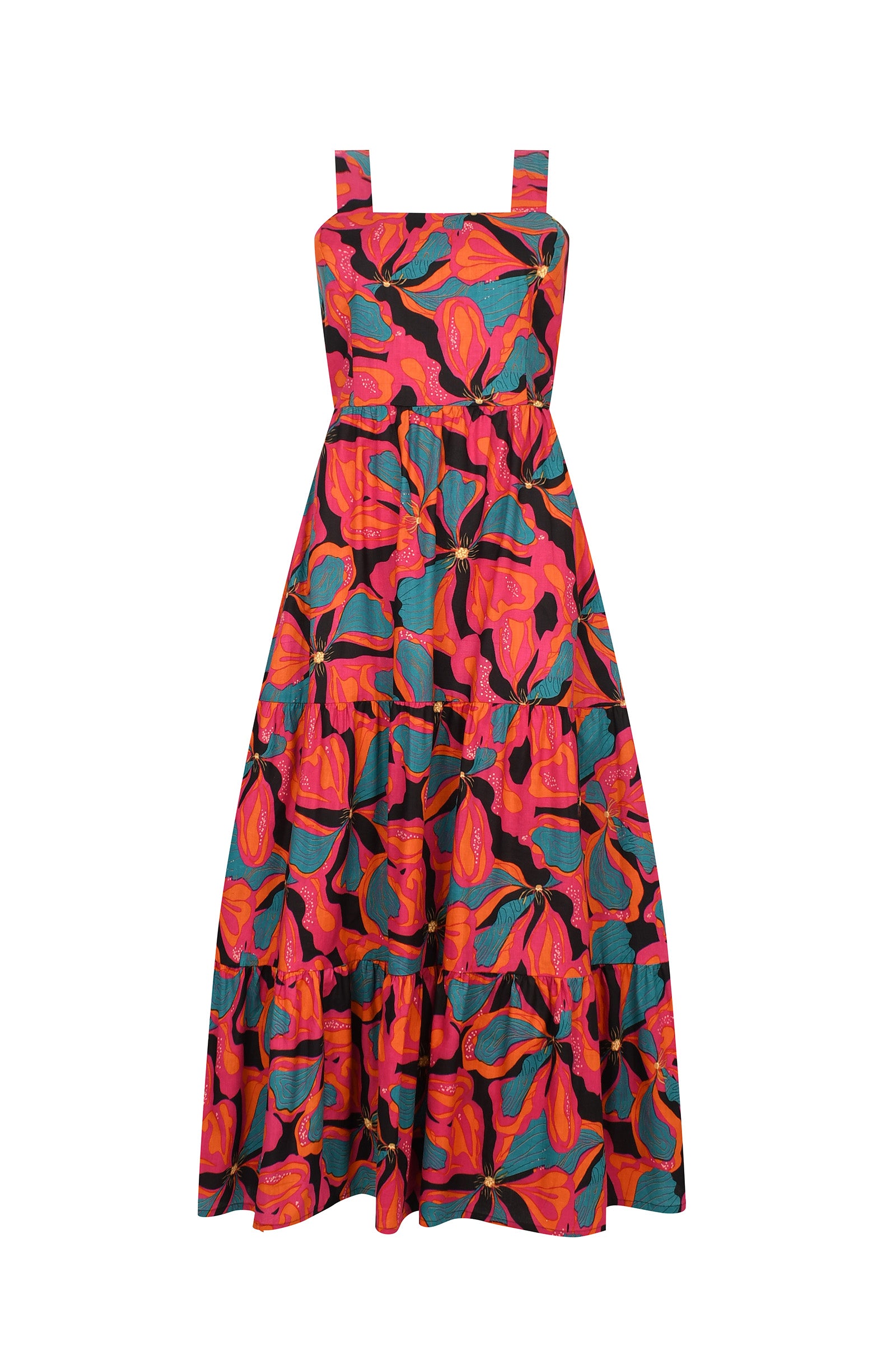 SCBM sleeveless maxi dress, pink and teal tropical floral print, gathered waist, tiered skirt