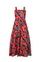 SCBM sleeveless maxi dress, pink and teal tropical floral print, gathered waist, tiered skirt