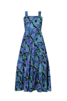 SCBM sleeveless maxi dress, blue and purple tropical leaf print, gathered waist, tiered skirt
