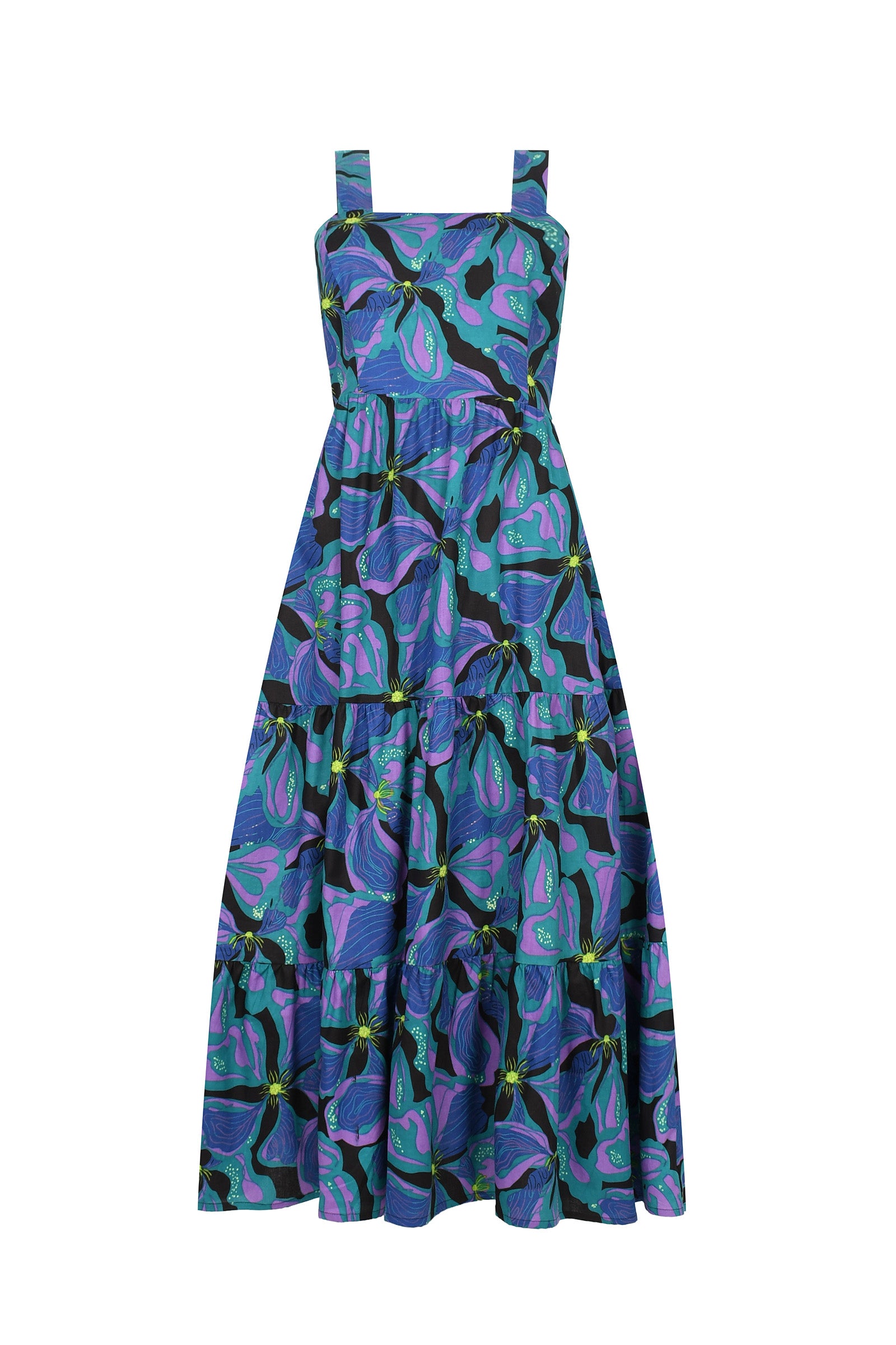 SCBM sleeveless maxi dress, blue and purple tropical leaf print, gathered waist, tiered skirt
