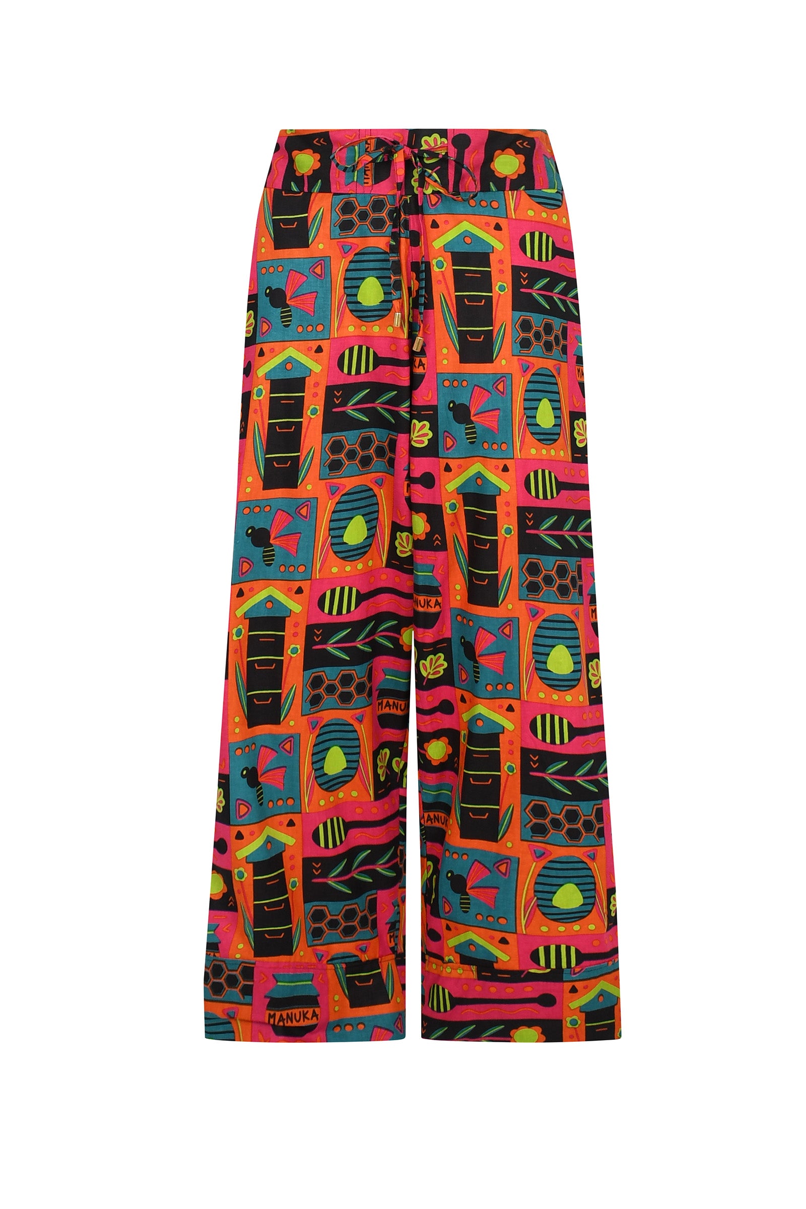Colorful printed wide-leg pants, elastic waist with drawstring