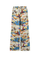Multicolor printed wide-leg pants with tropical beach landscape, elastic waist with drawstring