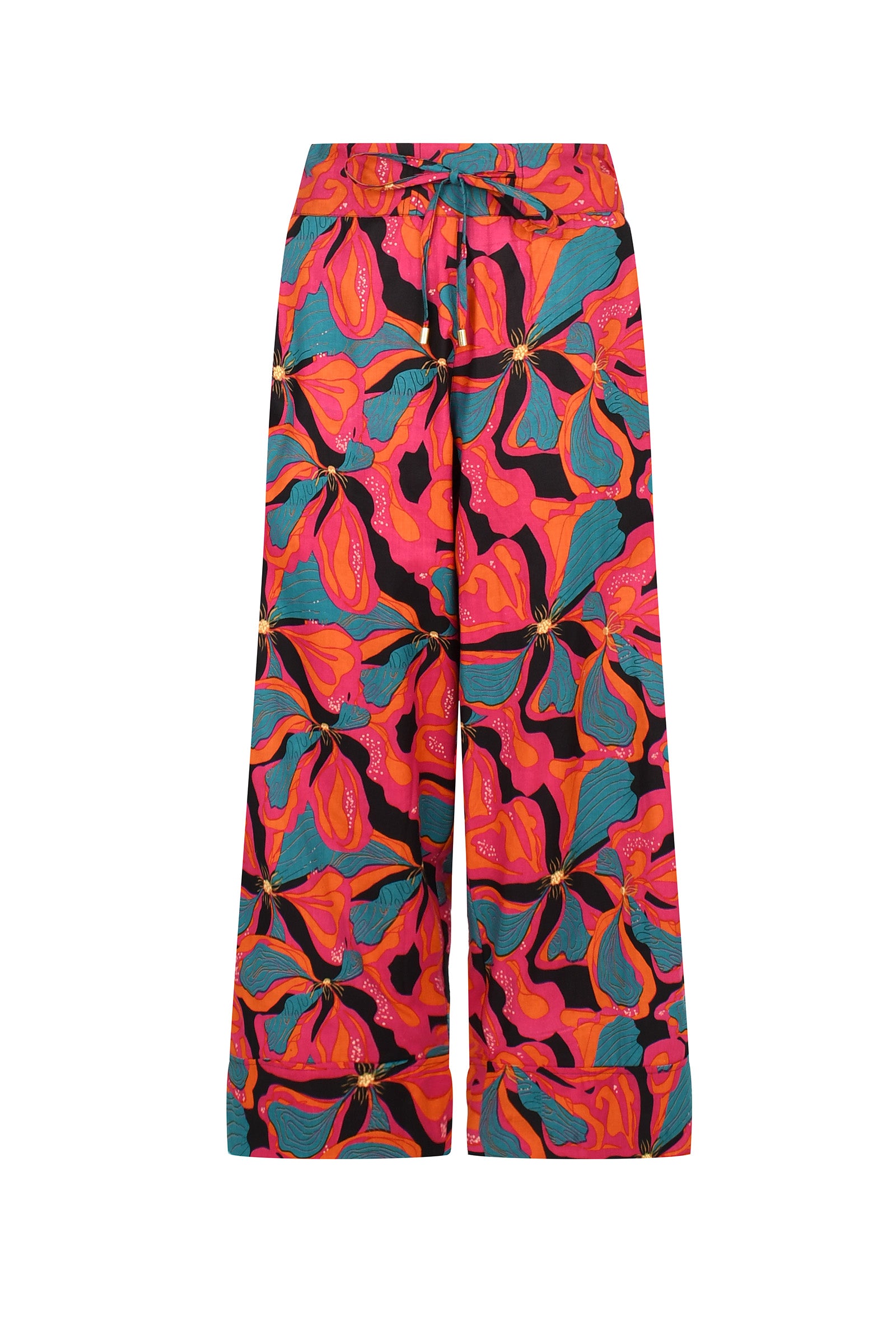 Pink and teal printed wide-leg pants with bold floral motif, elastic waist with drawstring