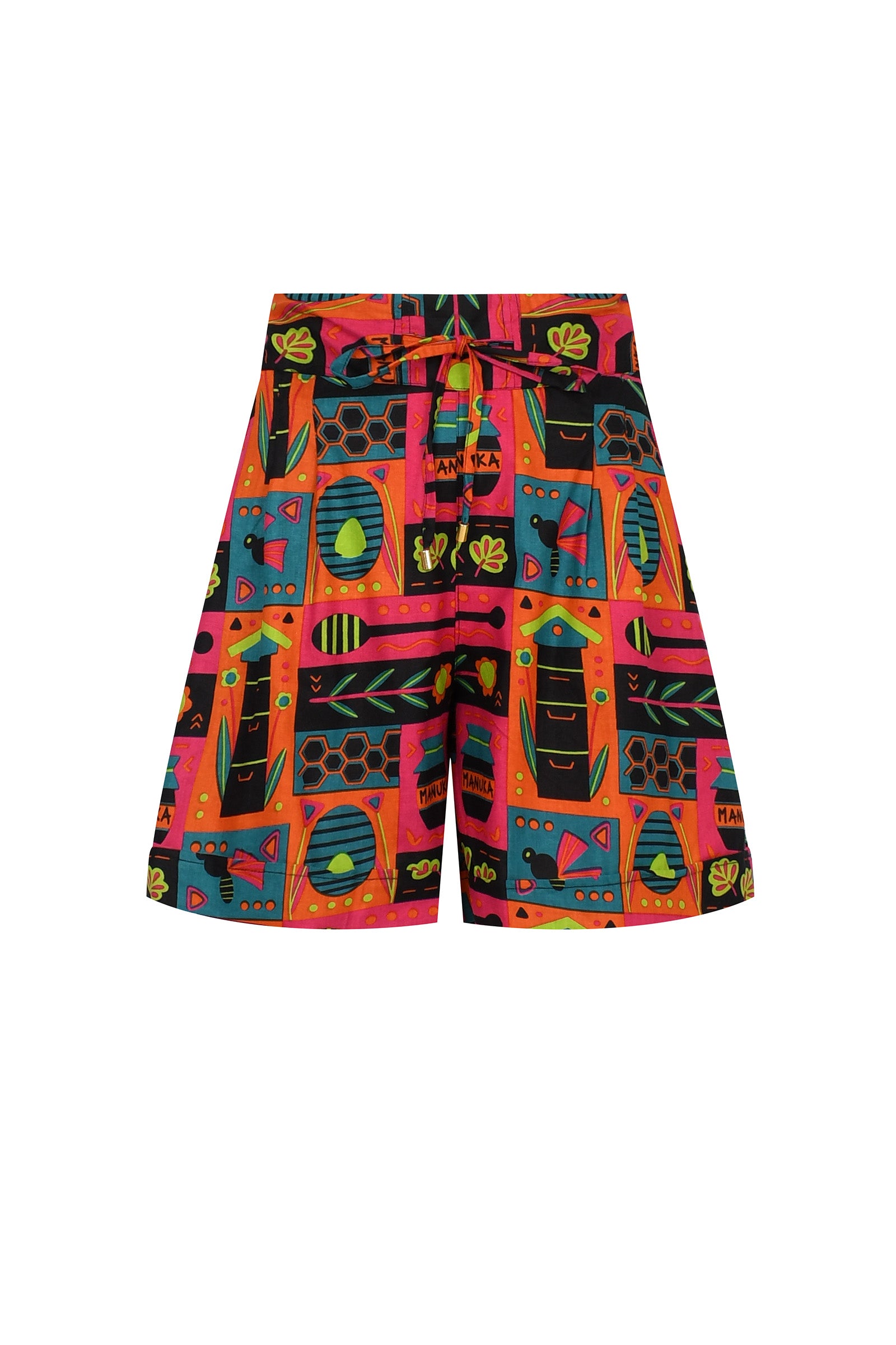 SCPS multicolor print shorts with drawstring waist, knee-length