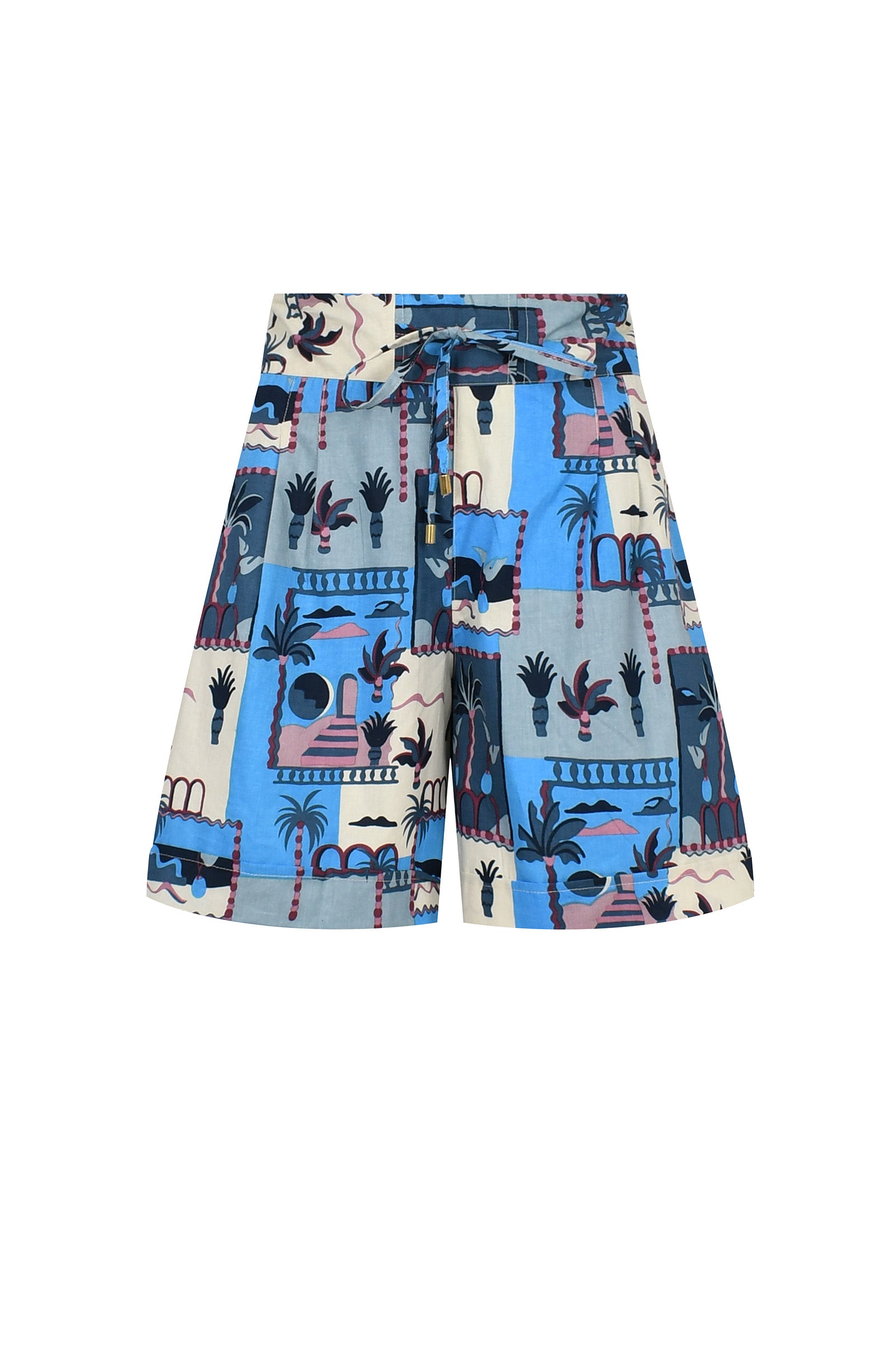 SCPS blue animal print shorts with drawstring waist, knee-length