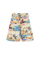 SCPS pastel beach scene print shorts with drawstring waist, knee-length