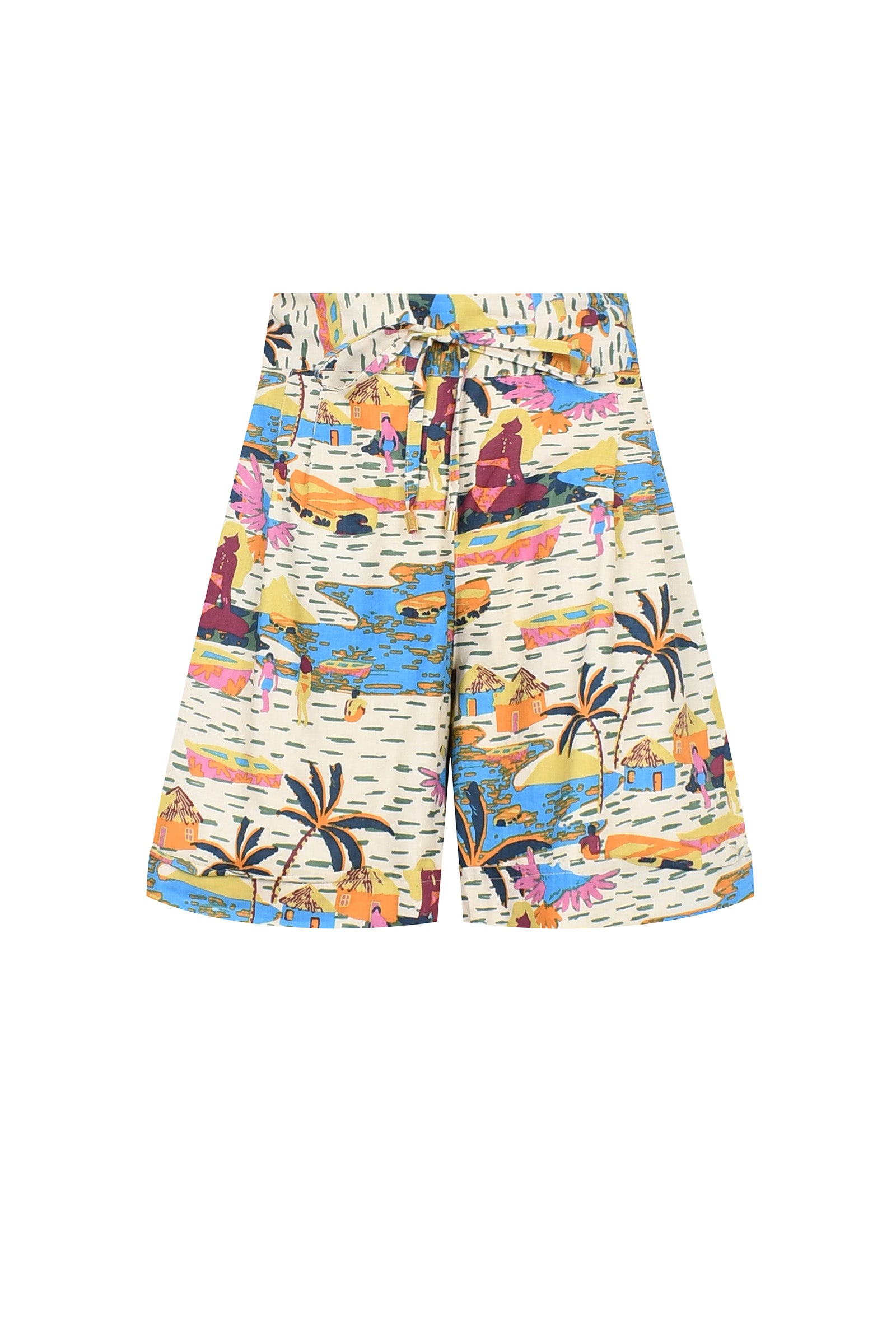 SCPS pastel beach scene print shorts with drawstring waist, knee-length