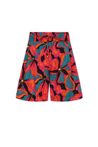 SCPS red and teal abstract floral print shorts with drawstring waist, knee-length