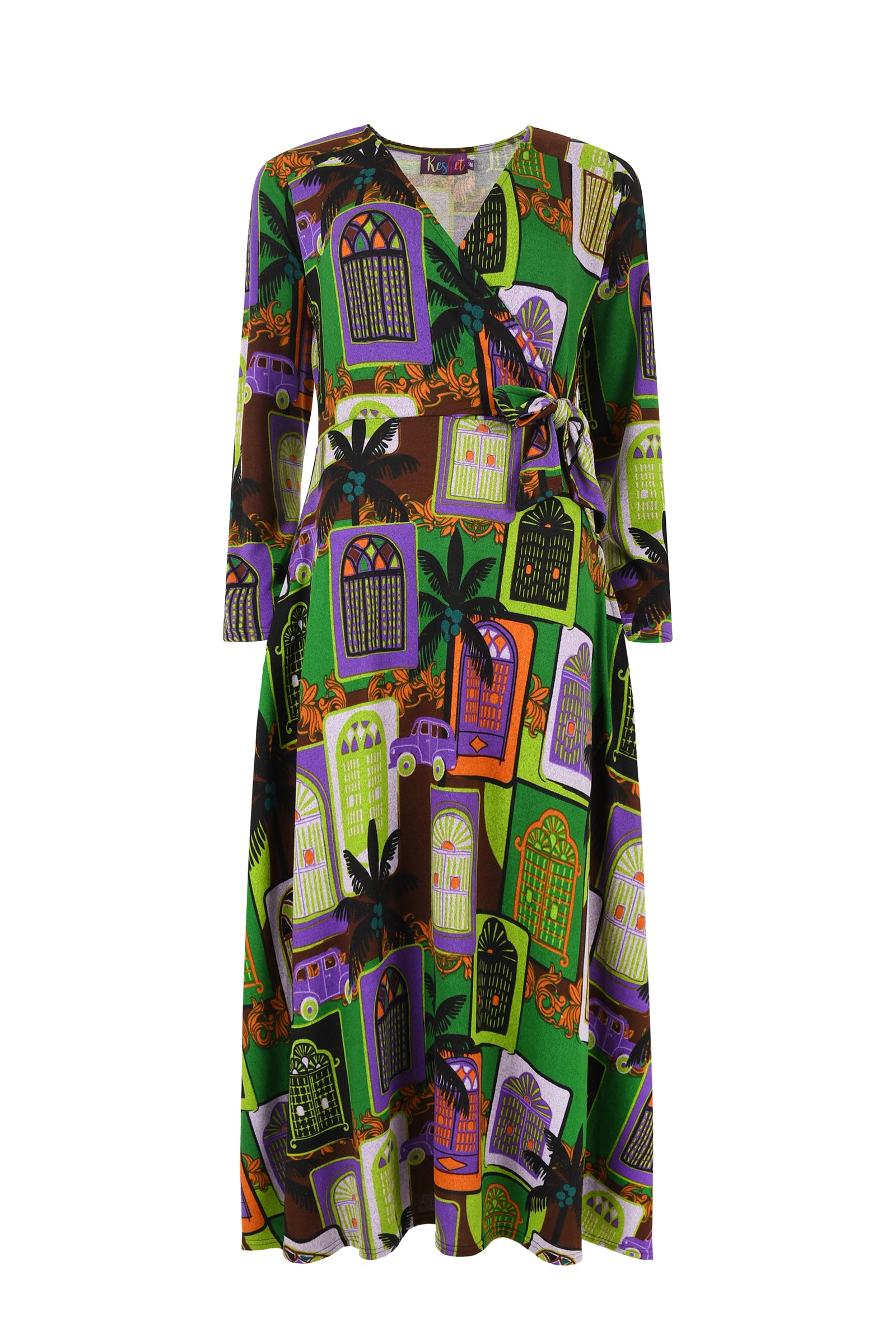 Colorful dress with a pattern of houses and cats on a white background