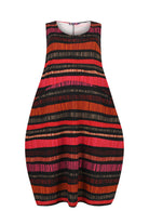 Striped dress with red, black, and orange pattern on a white background